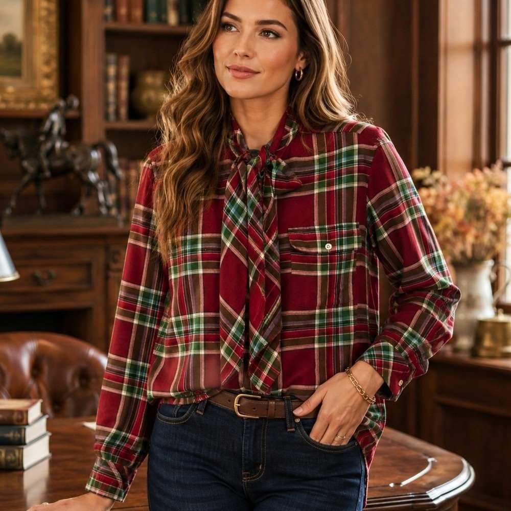 Ralph Lauren Plaid Tie Neck Blouse Women's 12 Red Green Cotton Shirt Equestrian